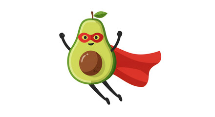 Cartoon Avocado Superhero Flying With Red Cape On White Background