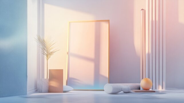 Sunlight through window in pastel minimalist interior with warm tones and geometric decorative layout aesthetic