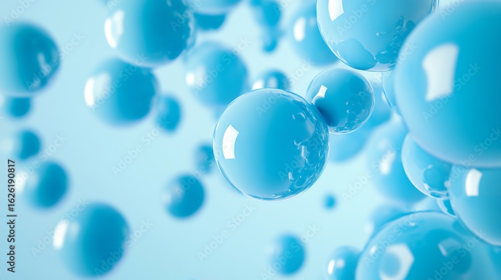 Poster abstract blue floating spheres in digital 3d space surreal geometry futuristic soft science backgrou
