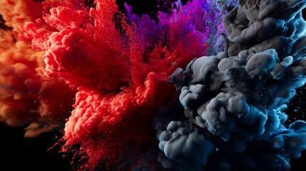Color explosion of dry powder pigments in vibrant red purple and black artistic abstract photography concept