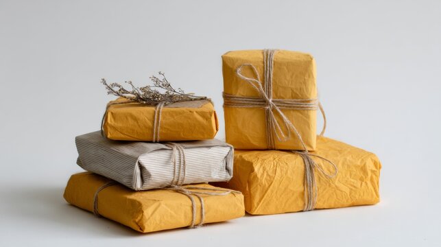 Parcel stack wrapped in yellow and grey paper string tied packaging on neutral background postal service