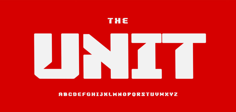 Geometric alphabet, bold cutout font, futuristic sport typeface for gym, soccer team shirt, tech industry headline, esport logo. Architecture typography, thick cut typographic design. Vector typeset.