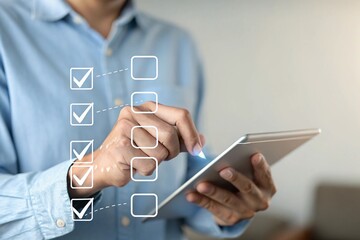 Businessman using laptop with virtual user guide icon for business service. User manual guide, Online instruction manual and strategy advice.