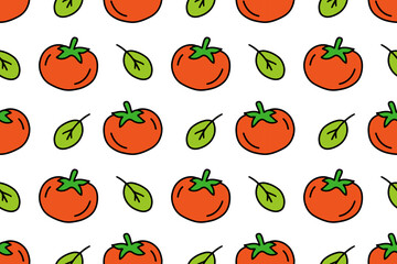 Seamless pattern with tomatoes and basil leaves in flat style. Bright vegetable design for kitchen textiles, packaging, posters, and decor. Vector illustration EPS10.
