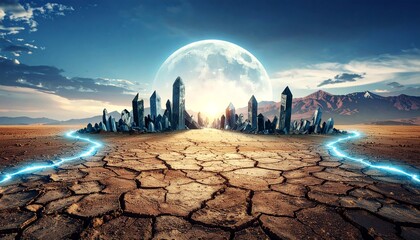 A surreal desert landscape with large crystal-like formations, glowing with blue energy lines on a cracked earth, under a giant full moon, digital art