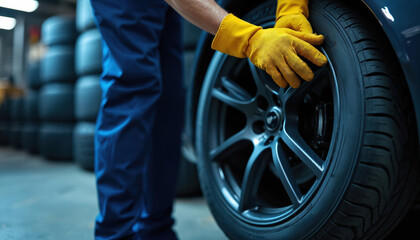 Mechanic in blue uniform and yellow gloves installs new tire onto car wheel. Garage setting with stacked tires in background. Professional auto service, vehicle maintenance and repair.