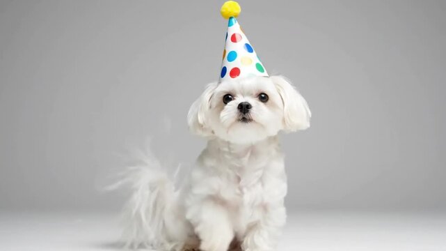 Adorable Maltese Dog Celebrates Birthday with Party Hat in Playful Studio Session