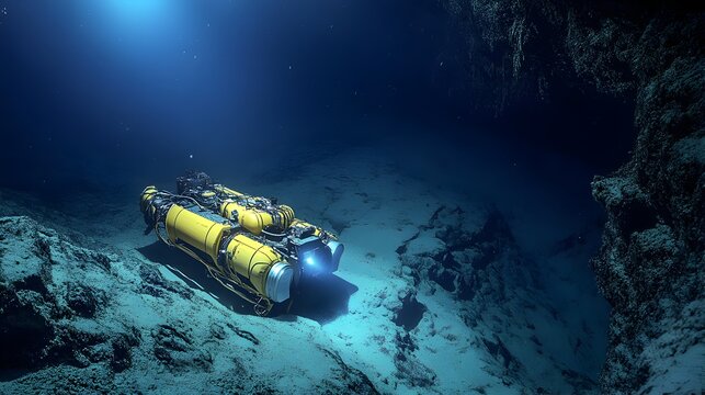 Ocean Exploration: Remotely Operated Vehicle (ROV) in Deep Sea Trench - Powered by Adobe