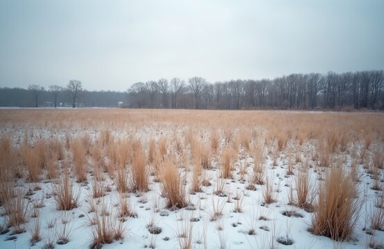 Dry grassy field partly covered with first snow on cloudy late autumn day. Bare trees form distant forest line against pale grey sky. Serene landscape conveys sense of quiet anticipation for winter,