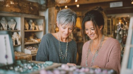 Fototapeta premium seller helping customer try on pastel gemstone necklace in cozy setting