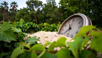 A vintage pocket watch half-buried in sand and overgrown with vines, a powerful metaphor for the passing of time and nature reclaiming its space, surreal photography