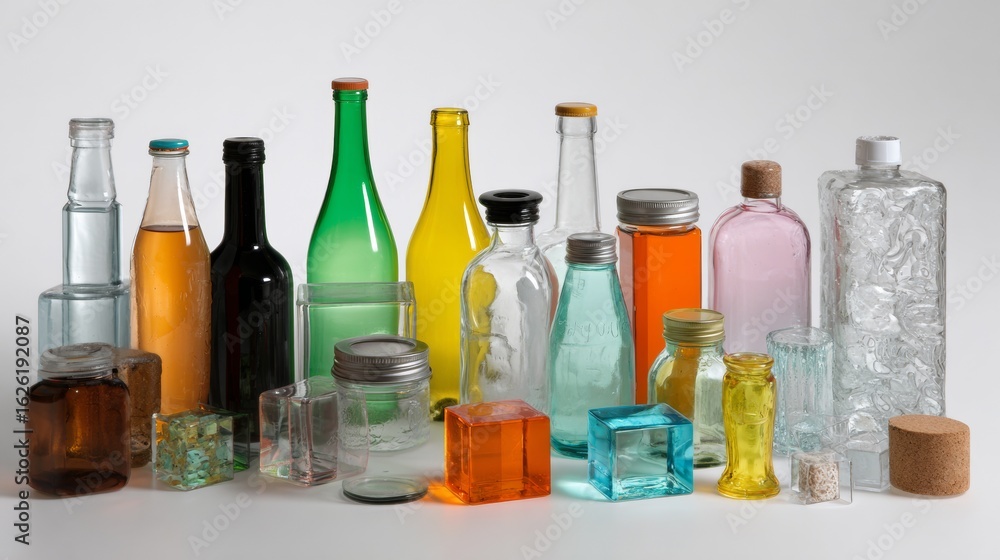 Poster collection of colorful glass bottles in various shapes sizes transparent containers for product bran