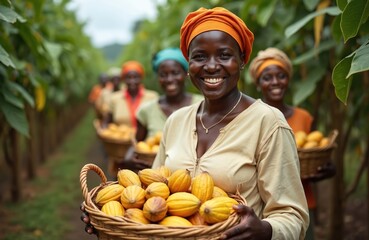 African women farmers joyfully harvest ripe cocoa pods in plantation rows. Smiling women carry baskets filled with cacao fruit, teamwork, hard work. Diverse community in Ghana, Nigeria, Ivory Coast
