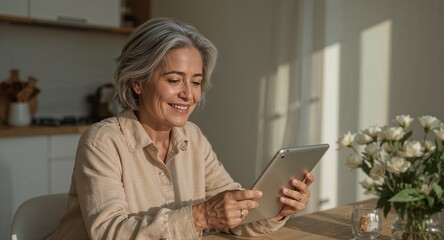 Smiling woman using tablet device in bright kitchen area