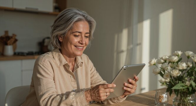 Smiling woman using tablet device in bright kitchen area