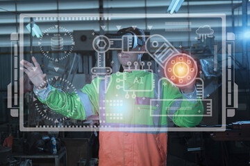 Engineer man on Technology digital background. workers in factory.