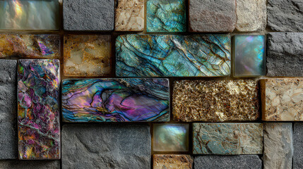 Abstract wall decor with iridescent mother of pearl and stone tiles showcasing natural texture. Home interior design.
