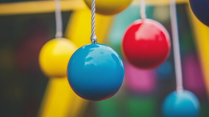 Naklejka premium Colorful hanging spheres swinging in playful motion vibrant abstract installation dynamic balance concept sculpture