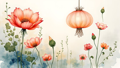 Floral Watercolor Painting with Hanging Lantern and Blooming Flowers
