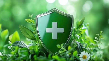 Green shield with white medical cross surrounded by healing herbs, symbolizing natural medicine, pharmacy care, health protection, and herbal remedies. Ideal for wellness themes