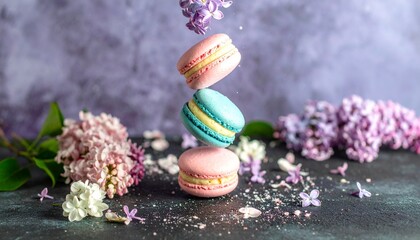 Obraz premium Floating Macarons in Pastel Colors Bursting with Ganache, Surrounded by Edible Flowers