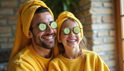 Father and daughter enjoy spa day, wearing yellow towels and cucumber slices on eyes. They share a happy, playful moment, bonding during a skincare routine for relaxation and joy.