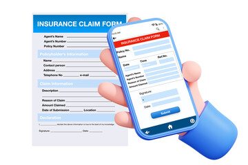 Cartoon picture of insurance claim form on smartphone and paper.