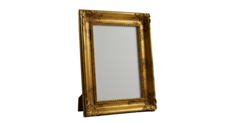 Elegant ornate antique picture frame, distressed gold finish, rope detailing, empty, on matte white surface in studio with soft light, 3/4 view. Concept of heritage, value, and focus