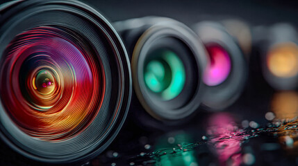 Close up of camera lens with vibrant colored reflections on display. Modern optical equipment for photography or videography.