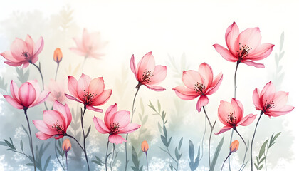 Naklejka premium Elegant Pink Flowers Watercolor Painting with Soft Floral Border