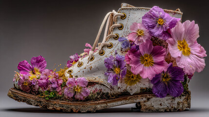 White worn boot with delicate pink and purple flowers emerging from it. Artistic still life for nature and fashion concepts.