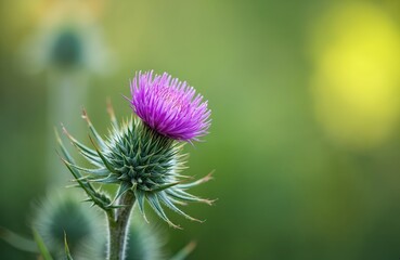Macro photo of vibrant purple thistle flower head with spiky green leaves, thorns. Soft, blurred green, yellow bokeh background highlights natural beauty of wildflower. Represents herbal medicine,