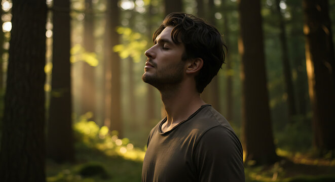 Man finding peace and tranquility in a sunlit forest