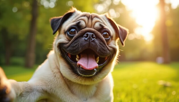 Happy pug dog in bright sunlight on a green grassy meadow. This cute, playful pet has a joyful, cheerful expression with mouth open, tongue out. Adorable fawn-colored furry companion active in nature. - Powered by Adobe