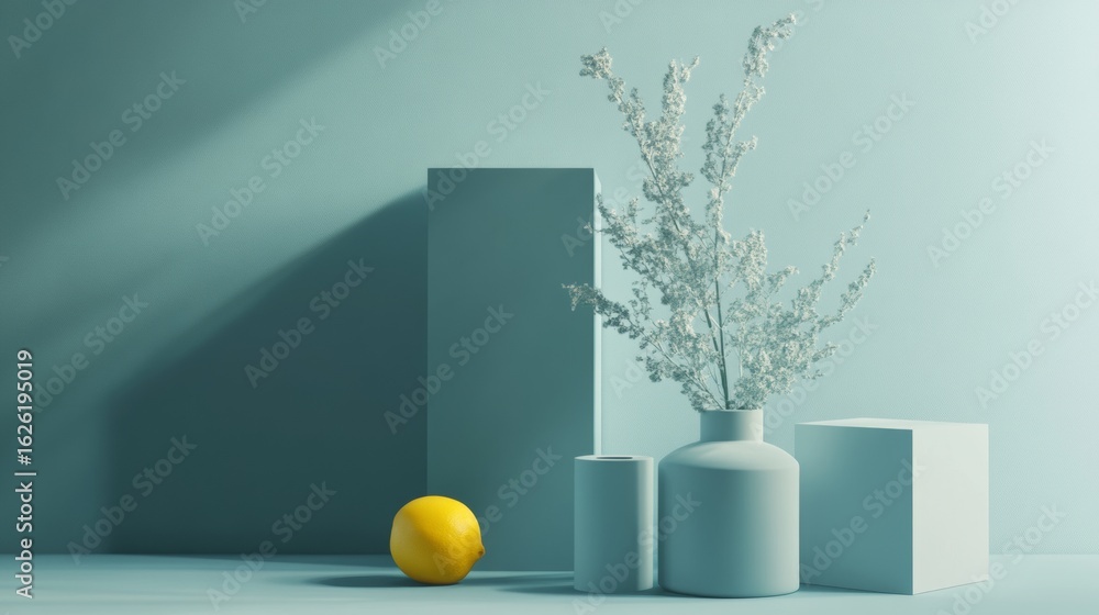 Poster minimalist composition with white vases lemon and abstract shapes on gray background soft elegant st