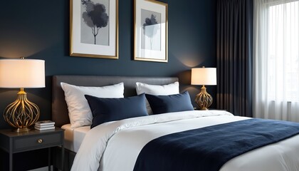 Modern bedroom features dark navy walls, accents. Comfortable bed with white, navy bedding, stylish decor, soft lamp lighting. Elegant furniture, nightstand, pillows, artwork create cozy, luxurious