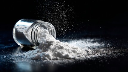 Spilled salt from shaker on dark surface dramatic still life macro food photography kitchen ingredient concept