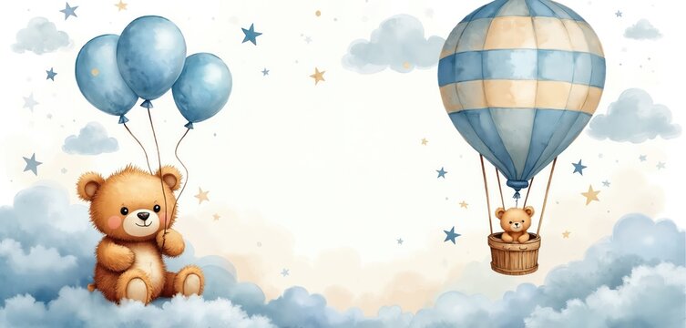 Cute teddy bear flies in hot air balloon amidst clouds, stars. Another bear sits on clouds holding blue balloons. Adorable watercolor illustration for baby shower invites, kid birthday celebrations,