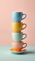 Stack of colorful pastel ceramic coffee mugs on a modern two tone background