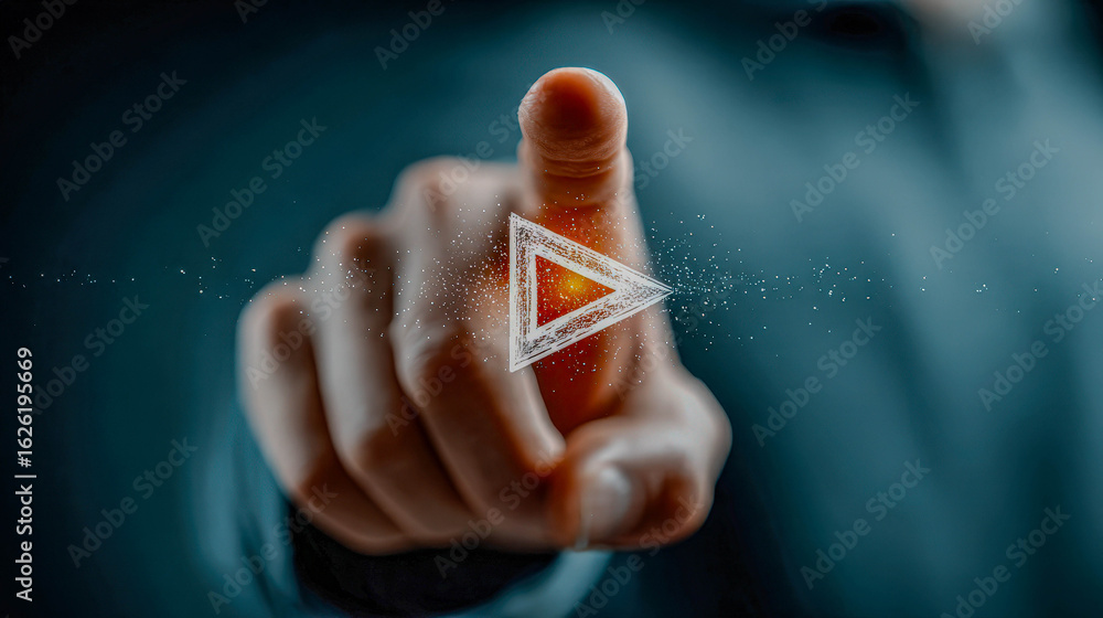 Poster man touching virtual play button surrounded by glittering particles. concept for media, video stream