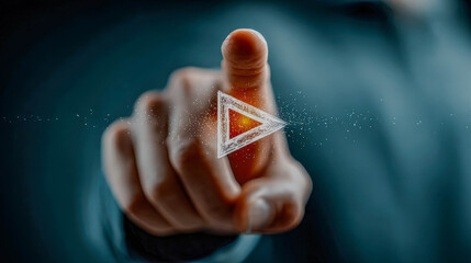 Man touching virtual play button surrounded by glittering particles. Concept for media, video streaming or starting project.