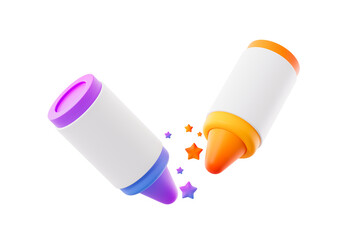 Purple and yellow wax cartoon crayons for drawing on white background. 3d rendering