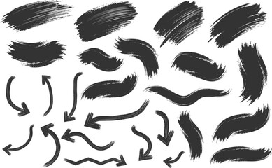 Set of Vector paint bold brush strokes in dirty style. Isolated black ink stencils for graphic design, text fields. Artistic texture of ink brush strokes, splatter stains, callout. Paintbrush, stroke 