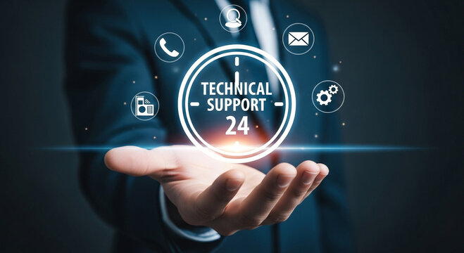 Person presenting a glowing circle with technical support 24 hours information