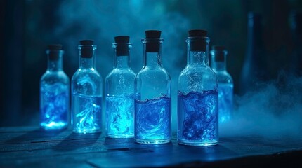 A row of translucent blue glass bottles and flasks filled with blue liquid stand on a blurry smoky background. ai generated