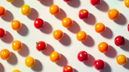Diagonal pattern of red and yellow balls on pink surface colorful candy sweet texture background concept
