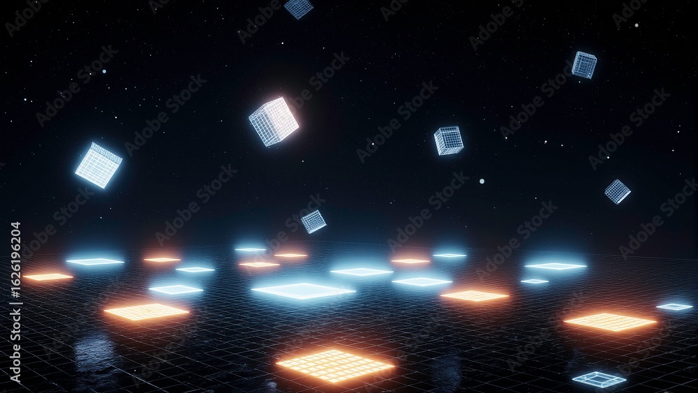 Poster a futuristic 3d scene with glowing neon cubes hovering in a dark digital space high-tech grid, ai ge