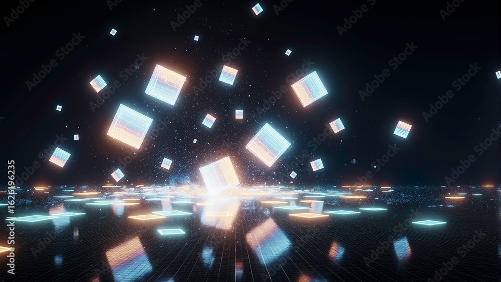 Poster a futuristic 3d scene with glowing neon cubes hovering in a dark digital space high-tech grid, ai ge