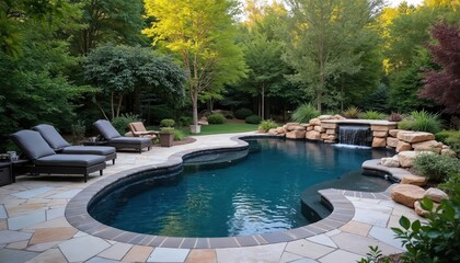 Serene backyard oasis features custom swimming pool with natural rock waterfall and elegant lounge seating. Rich green landscaping and stone patio create tranquil relaxation area for summer leisure.