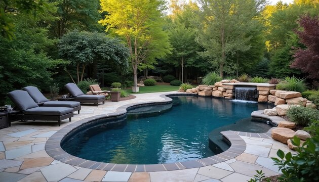 Serene backyard oasis features custom swimming pool with natural rock waterfall and elegant lounge seating. Rich green landscaping and stone patio create tranquil relaxation area for summer leisure.
